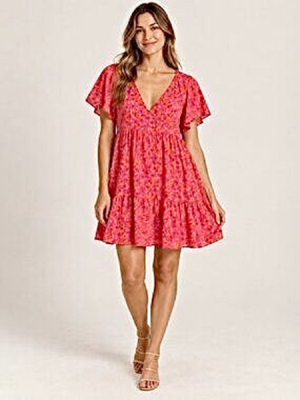 Universal Thread Vibrant Pink & Orange Floral V-Neck Tiered Mini Dress. Size M